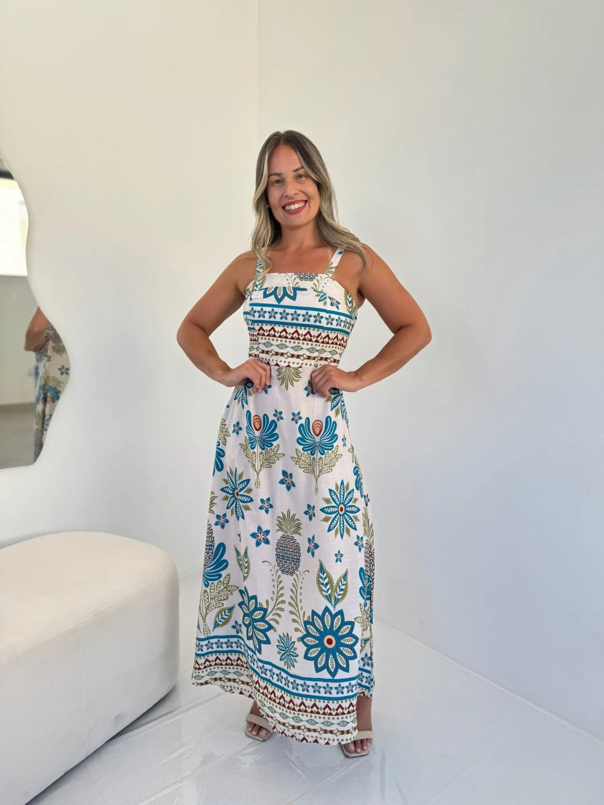 Vestido Letícia Azul com verde (Abacaxi e flores)
