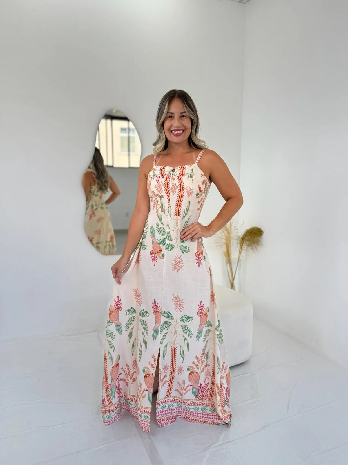 Vestido Maia Offwhite com laranja e rosa