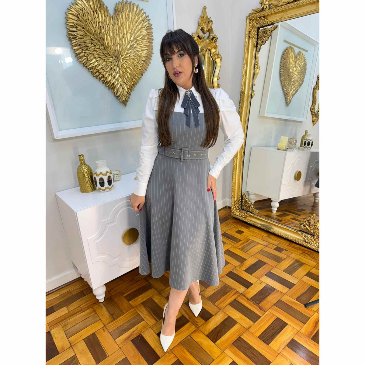 Vestido Francine | Risca de giz Midi Cinza