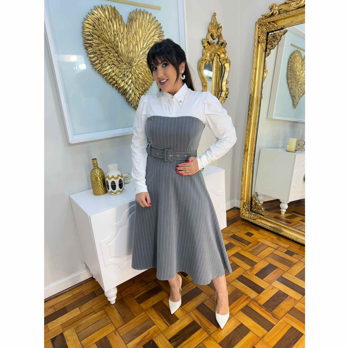 Vestido Francine | Risca de giz Midi Cinza