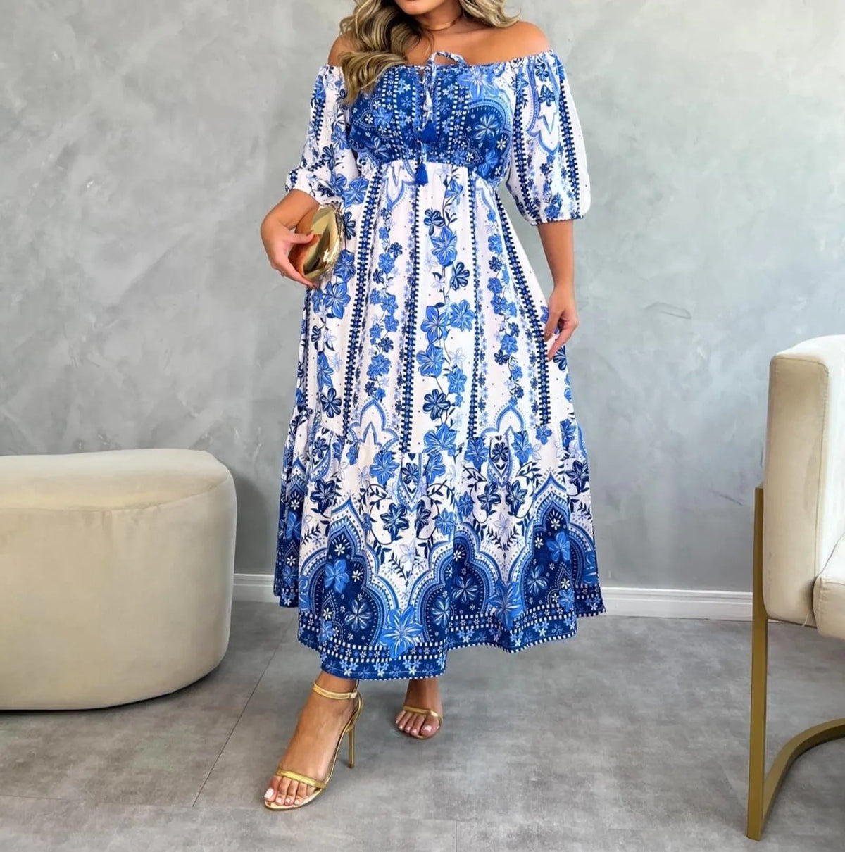 Vestido Liz AZUL COM BRANCO